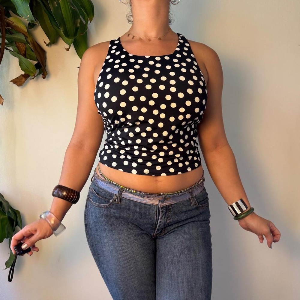 Polka Dot Athleisure Tank Top High Neck Racerback Shelf Bra Black White Large